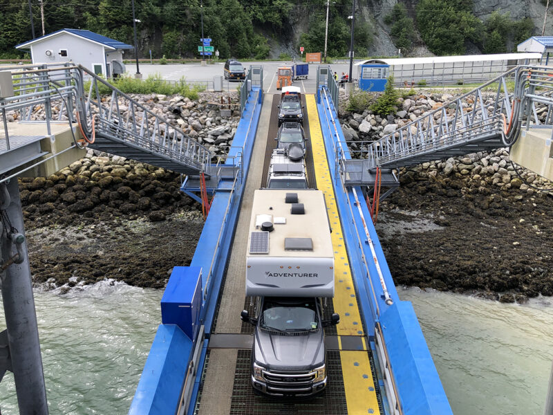 Cars drive aboard the Alaska Marine Highway System ferry Hubbard on June 25, 2023, in Haines. (Photo by James Brooks)