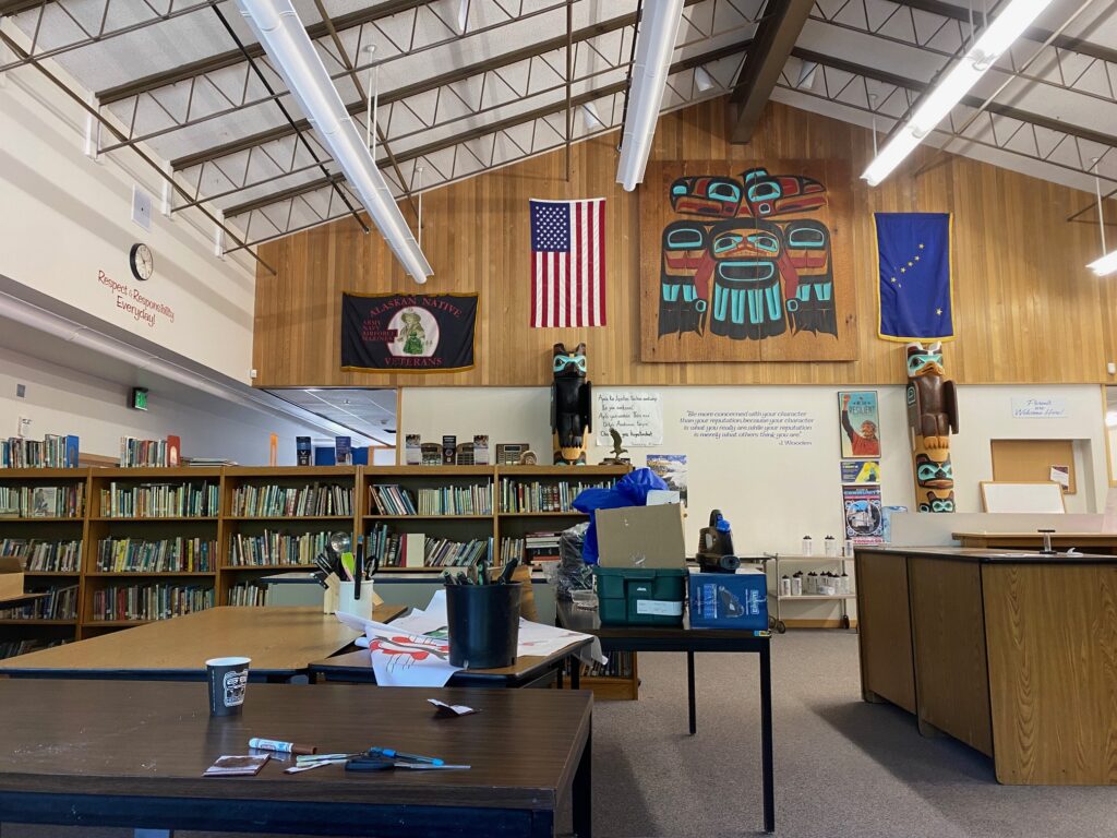 A view from the library of the Angoon High School, one of Alaska’s public schools, is seen on June 19, 2023. (Photo by Claire Stremple/Alaska Beacon)