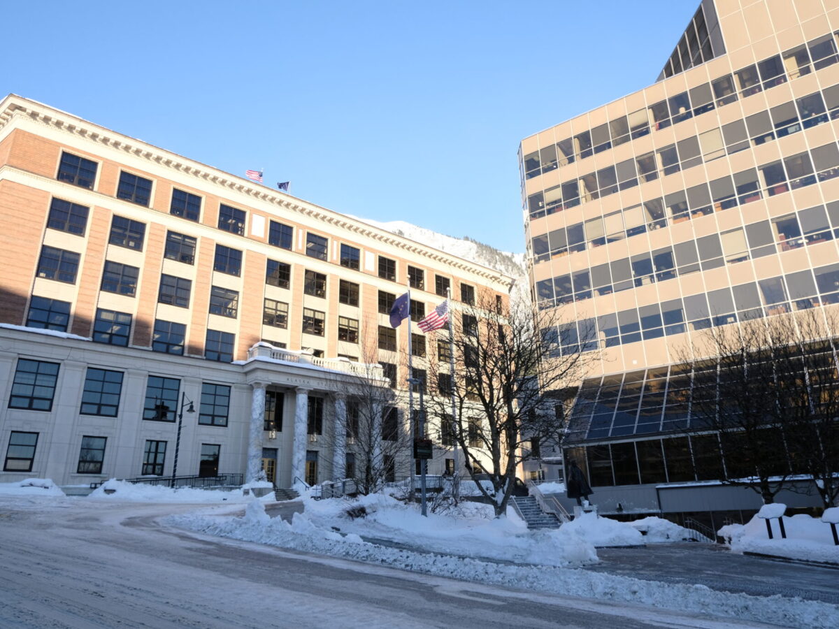 Juneau’s Dimond Courthouse and the Capitol building are seen in the afternoon light on Jan. 18, 2024. (Photo courtesy Claire Stremple/Alaska Beacon)