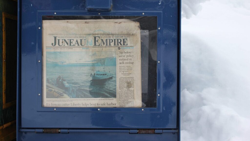 A Juneau Empire newspaper box, photographed on Wednesday, Jan. 17, 2024 in Juneau. (Photo courtesy Katie Anastas/KTOO)