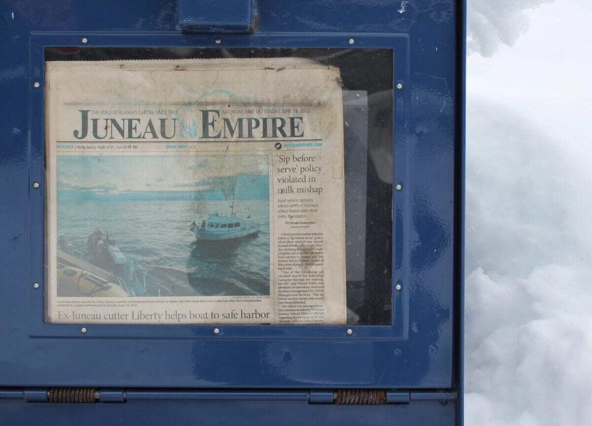 A Juneau Empire newspaper box, photographed on Wednesday, Jan. 17, 2024 in Juneau. (Photo courtesy Katie Anastas/KTOO)