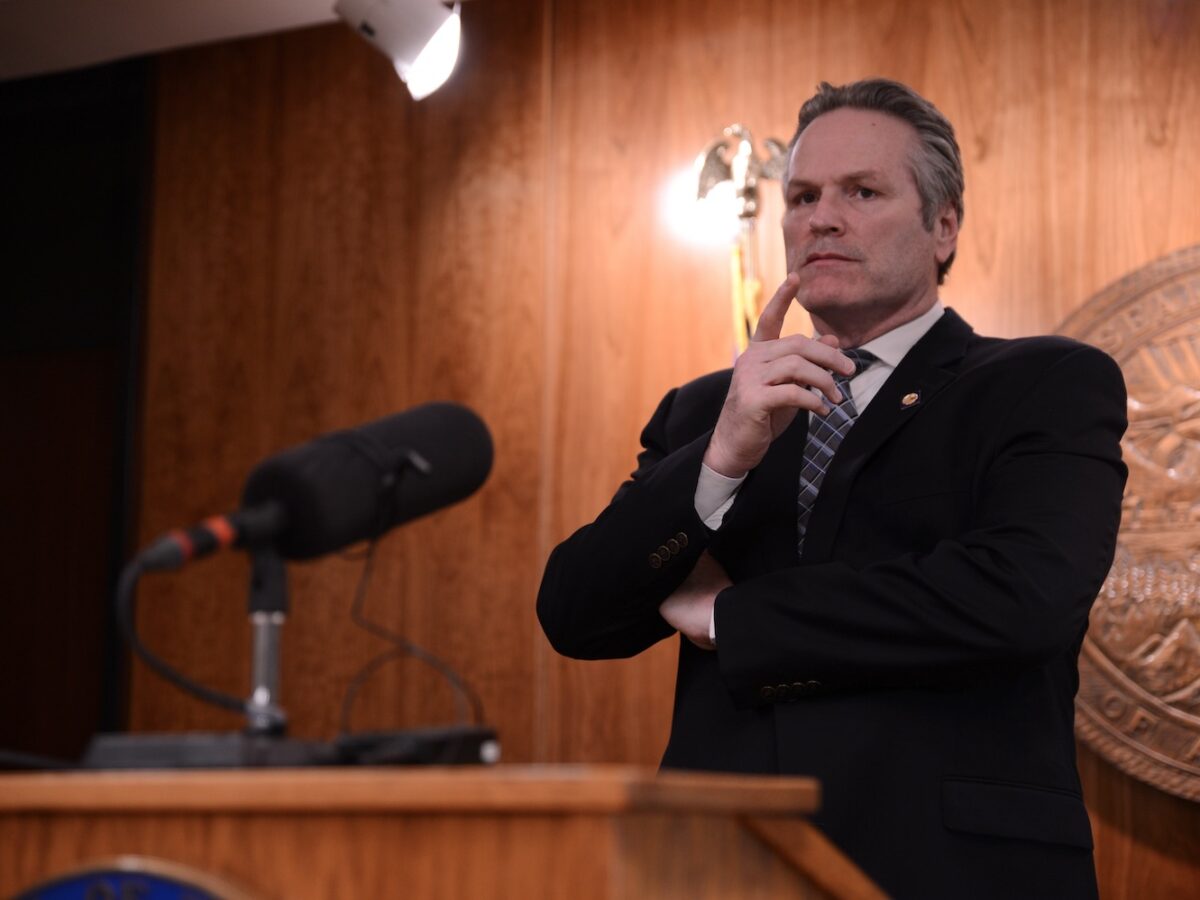 Alaska Gov. Mike Dunleavy speaks to reporters during a news conference Wednesday, Feb. 7, 2024. (Photo by James Brooks/Alaska Beacon)