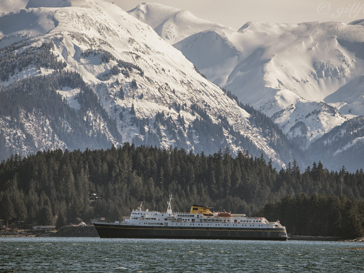 m/v Matanuska, one of the few from the fleet of Alaska Marine Highway System ferry's, approaching Auke Bay Ferry Terminal, Juneau, Alaska. (Photo courtesy Gillfoto/Wikimedia Commons)