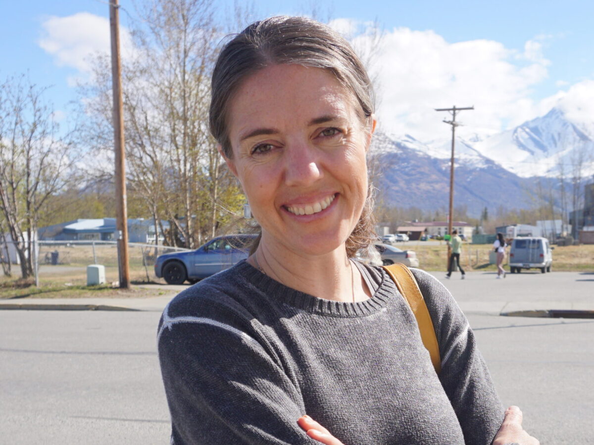 Dr. Anne Zink, Alaska’s chief medical officer, stands outside a restaurant on May 6, 2022, in Palmer, her home city. (Photo by Yereth Rosen/Alaska Beacon)