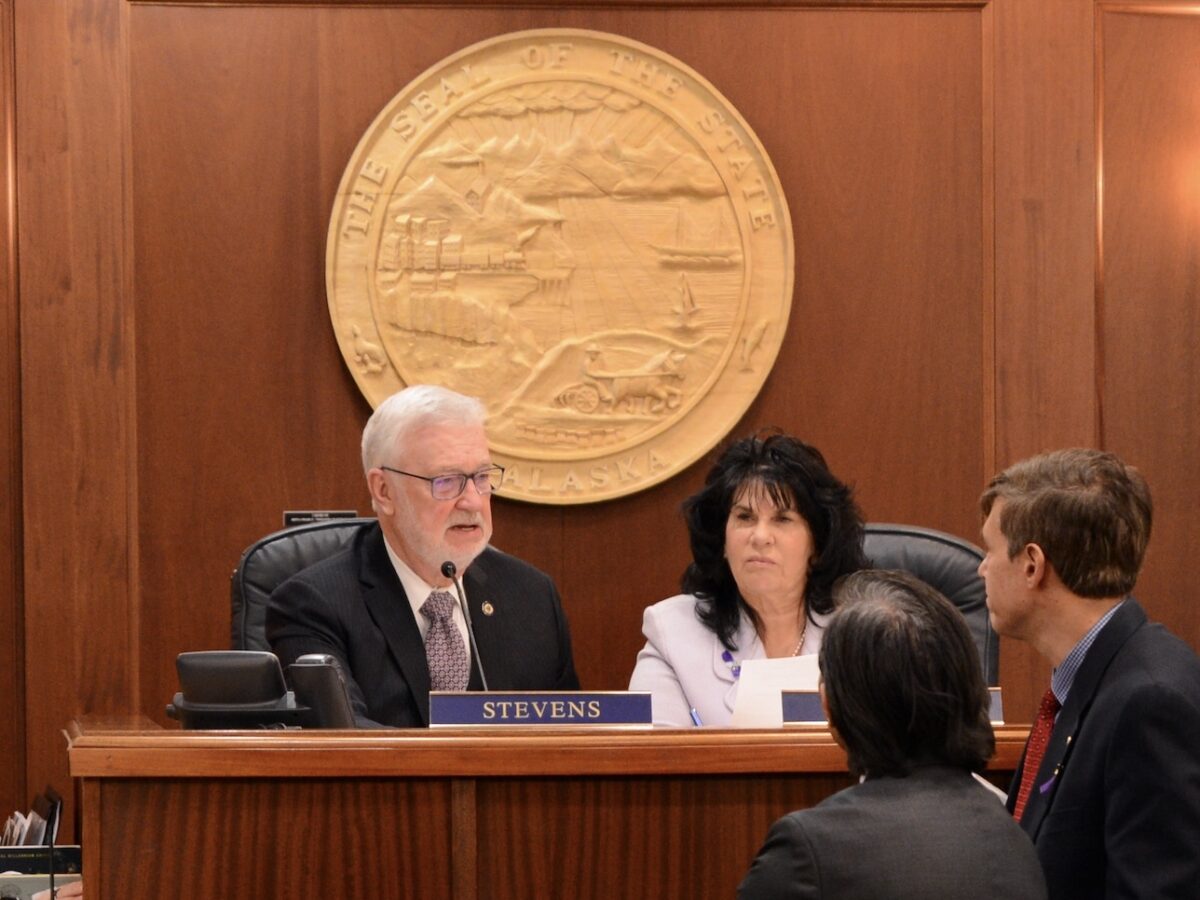 Senate President Gary Stevens, R-Kodiak, and Speaker of the House Cathy Tilton, R-Wasilla, speak to legislators during a break in the Tuesday, March 12, 2024, joint session of the Alaska House and Senate. (Photo by James Brooks/Alaska Beacon)