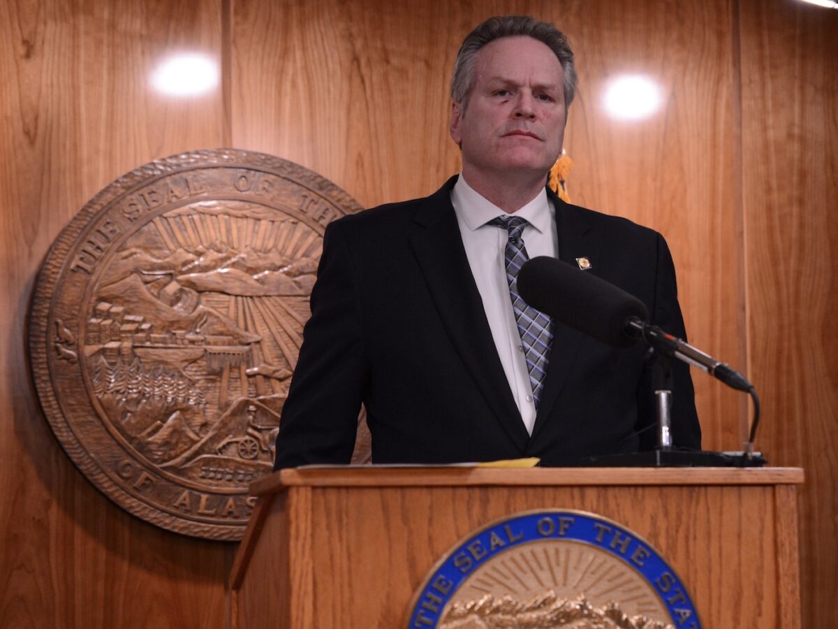 Alaska Gov. Mike Dunleavy speaks during a news conference on Friday, March 15, 2024. (Photo by James Brooks/Alaska Beacon)