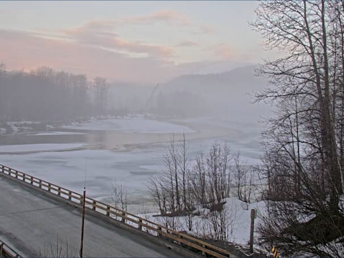 Fog at the Haines Highway at the Chilkat River Bridge at mile 23.8 on March 19, 2024 in the Haines Borough. (Photo courtesy of the Alaska Department of Transportation and Public Facilities).