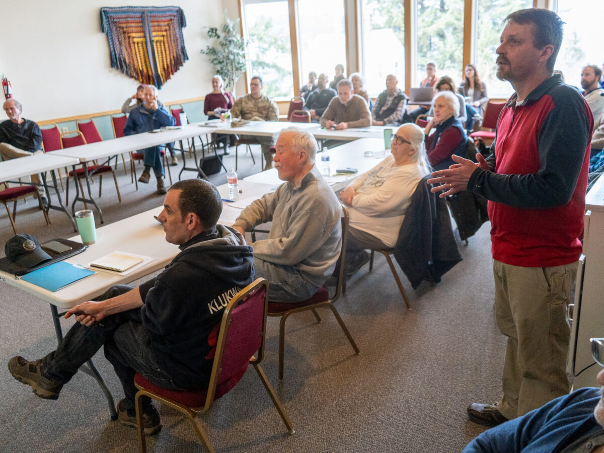 Greg Rutkowski of Brice Engineering, a contractor for the U.S. Army, explains a proposal for a feasibility study for cleanup of PFAS and other contaminants at the old Haines Fuel Terminal and tank farm on Lutak Road. (Lex Treinn/Chilkat Valley News)