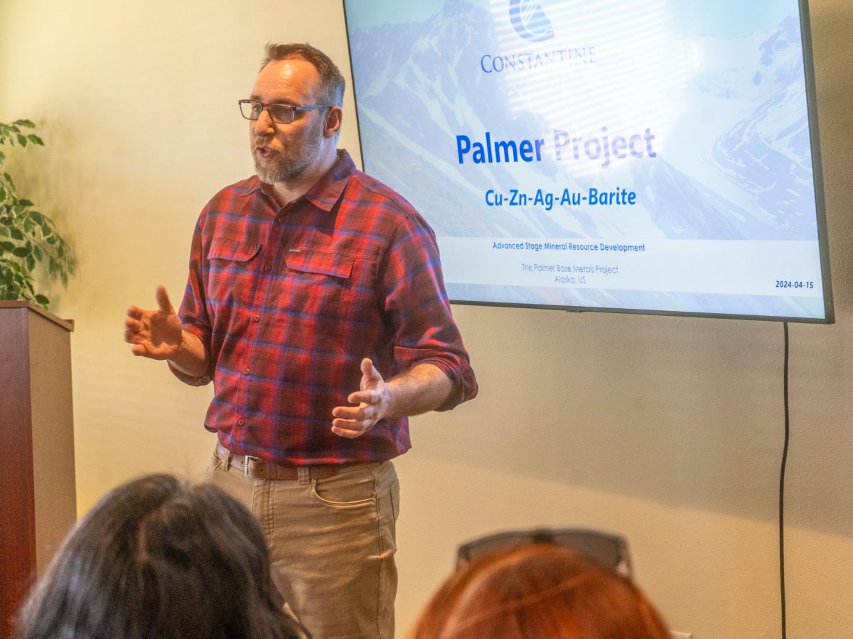 Constantine President Peter Mercer at a April 17, 2024, public forum at the Aspen Hotel (Lex Treinen/Chilkat Valley News)
