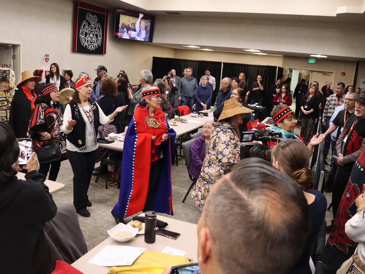 The Tlingit and Haida Elders Group performs the entrance dance at the 89th annual Tribal Assembly of the Central Council of the Tlingit and Haida Indian Tribes of Alaska on Wednesday morning at Elizabeth Peratrovich Hall. (Mark Sabbatini / Juneau Empire)