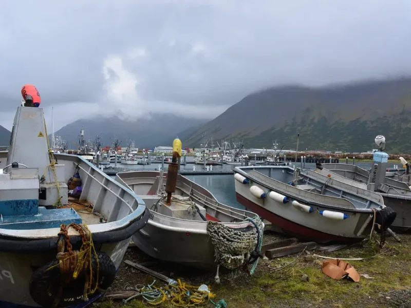 Skiffs sit on shore in the Southwest Alaska fishing town of King Cove. (James Brooks via Flicker under Creative Commons license)