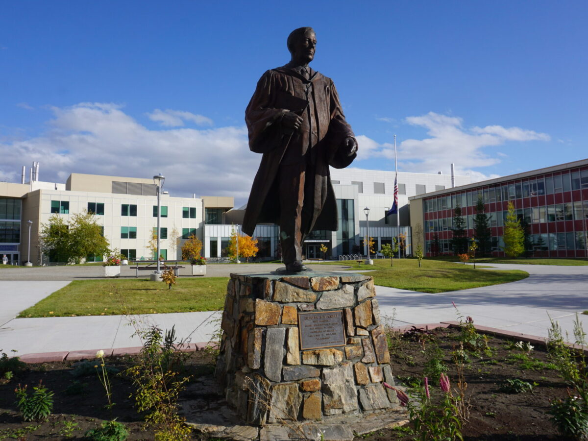 A statue of Charles Bunnell, the first president of the Alaska Agricultural College and School of Mines, as the University of Alaska Fairbanks was once known, is seen on Sept. 18, 2022, on the UAF campus. (Photo by Yereth Rosen/Alaska Beacon)