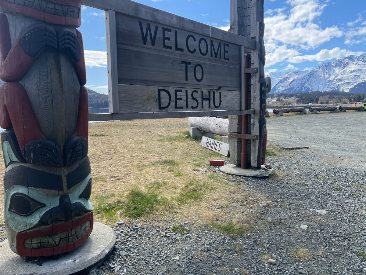 A sign welcoming people to town as been changed from saying "Welcome to Haines" to "Welcome to Deishu" on Saturday, April 27, 2024. (Rashah McChesney/Chilkat Valley News)