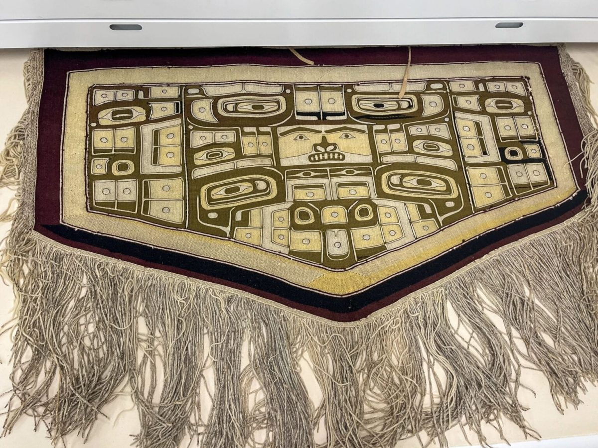 A Chilkat robe on loan from the Rahr-West Museum in Wisconsin. Sealaska Heritage Institute is looking for any information that could help identify it. June 20, 2024. (Photo by Yvonne Krumrey/KTOO)