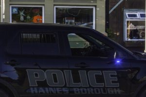 A Haines Borough Police car on Main Street on May 21, 2024, in Haines, Alaska. (Rashah McChesney/Chilkat Valley News)