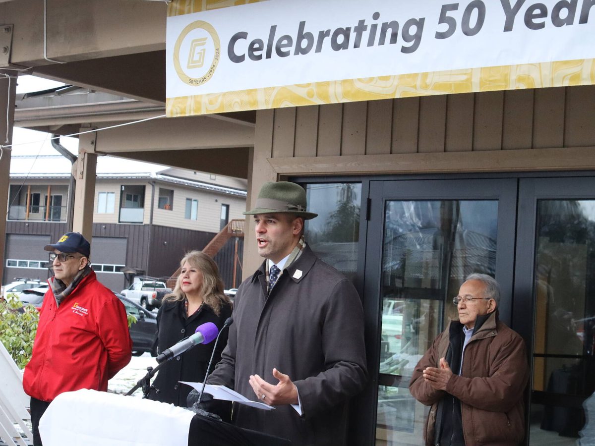 McHugh Pierre, Goldbelt’s president and CEO, discusses the Alaska Native Regional Corporation’s operations during its 50th-anniversary celebration at its Vintage Park Campus on Jan. 4. (Mark Sabbatini / Juneau Empire file photo)