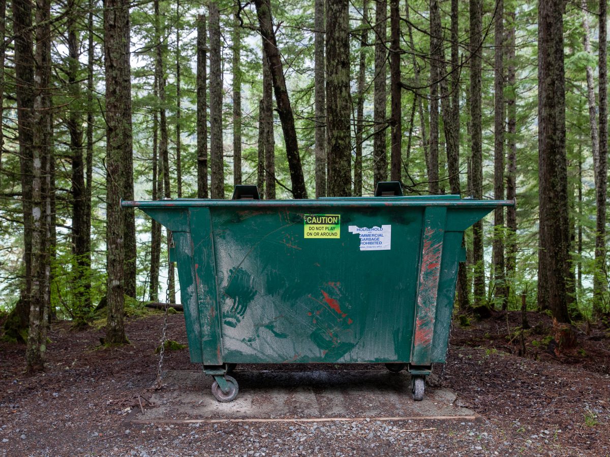 A dumpster sits in the middle of a wooded lot in the campground, it has bear paw prints along the side of it. It's meant to illustrate the level of bear activity in the Chilkoot campground.