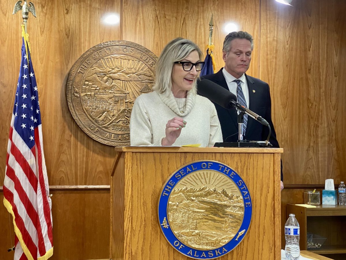 Deena Bishop, commissioner of the Alaska Department of Education and Early Development, speaks at a news conference on March 15, 2024, with Gov. Mike Dunleavy. ( Claire Stremple/Alaska Beacon)