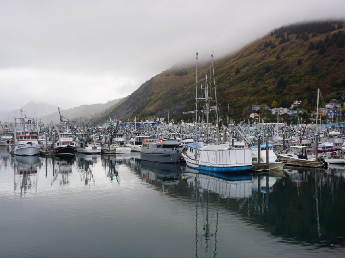 Low clouds hang over Kodiak's St. Paul Harbor on Oct. 3, 2022. Economic woes in Alaska's seafood industry have affected numerous fishing-dependent communities like Kodiak. (Yereth Rosen/Alaska Beacon)