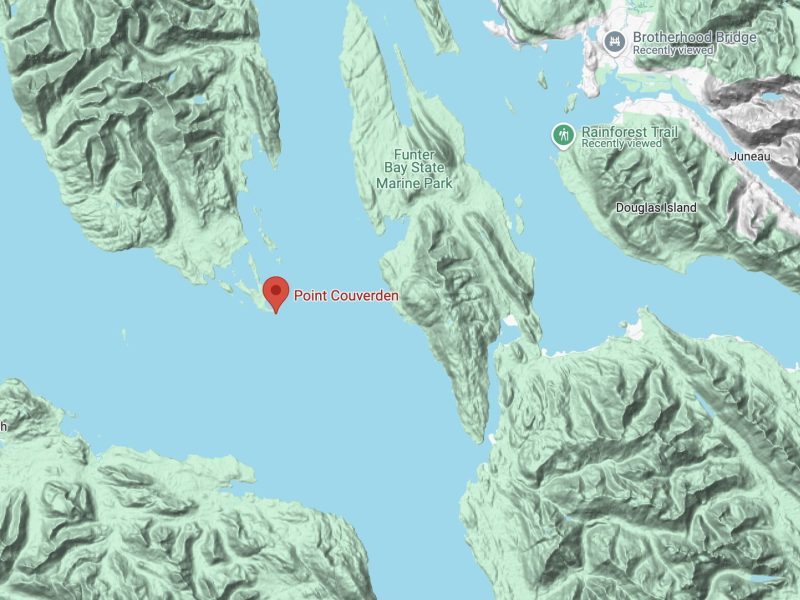 A search is underway for five people that were aboard a fishing boat that reportedly capsized near Point Couverden just after midnight Sunday, according to the U.S. Coast Guard. (Google Maps image)