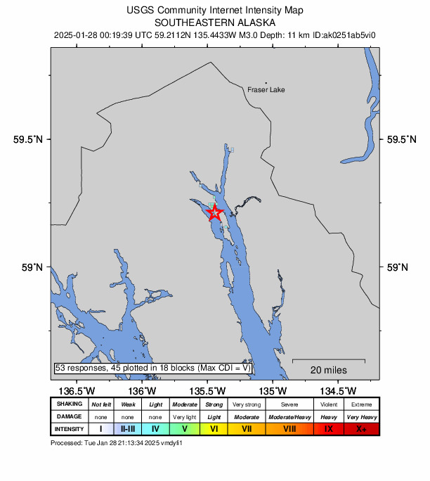 A community intensity map based on the "Felt Reports" submitted to the U.S. Geological Survey after a magnitude 3.0 earthquake on Monday, Jan. 27, 2025, near Haines. (Graphic courtesy/USGS)