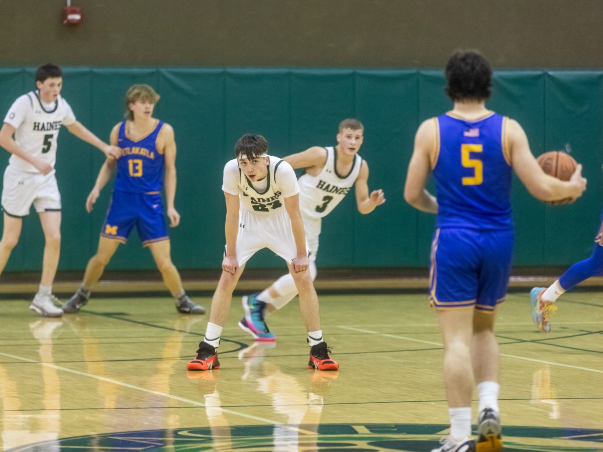 Haines' Pheonix Swaner waits to make his move during a game against the Metlakatla Chiefs on Saturday, Jan. 11, 2025, in Haines, Alaska. (Rashah McChesney/Chilkat Valley News)