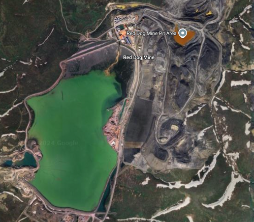 Northwest Alaska's large Red Dog mine stores its tailings in a pond, pictured here. (Maps data: Google, Airbus, CNES/Airbus, Landsat/Copernicus, Maxar Technologies)
