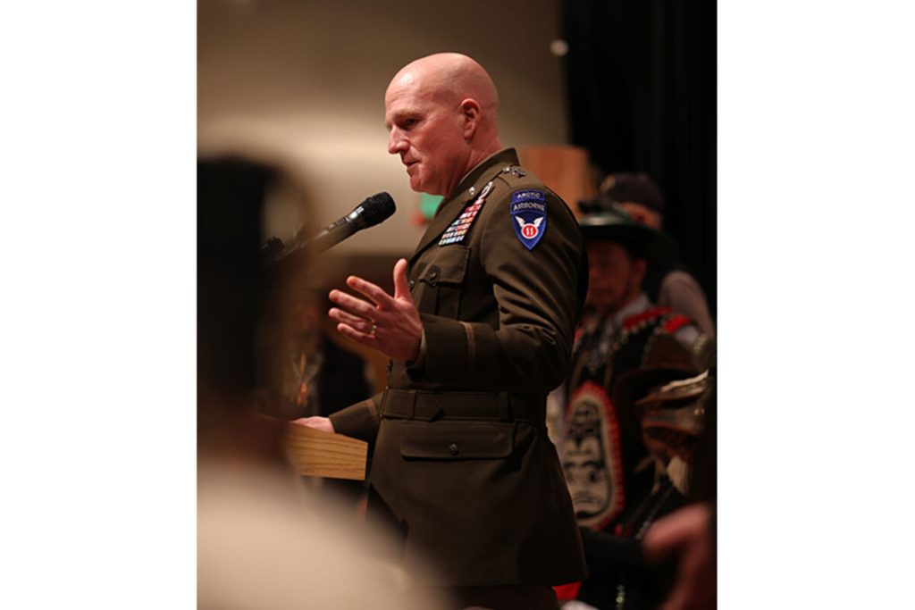 Maj. Gen. Joseph Hilbert, commander of the U.S. Army 11th Airborne Division based at Joint Base Elmendorf-Richardson in Anchorage, apologized in Wrangell last Saturday for the Army's 1869 bombardment of the Native village of Ḵaachx̱aana.áakʼw. - (Sam Pausman / Wrangell Sentinel)