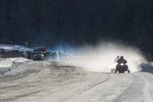 Sam Schirmer and Ryan Kirtley take off during the Alcan 200 Road Rally Race on Saturday, Feb. 8, 2025, near the Pleasant Camp border station in British Columbia, Canada. (Rashah McChesney/Chilkat Valley News)