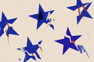Distressed blue stars with red spatter on a tan background.