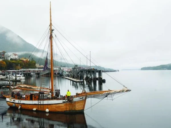 Norwegian sailboat cruises into Ketchikan